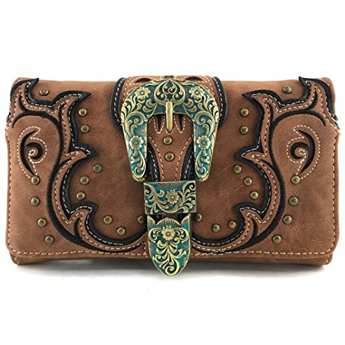 Justin West Patina Girl Western Bronze Floral Buckle Handbag Purse Tote and Strap Wallet (Brown Wallet Only)