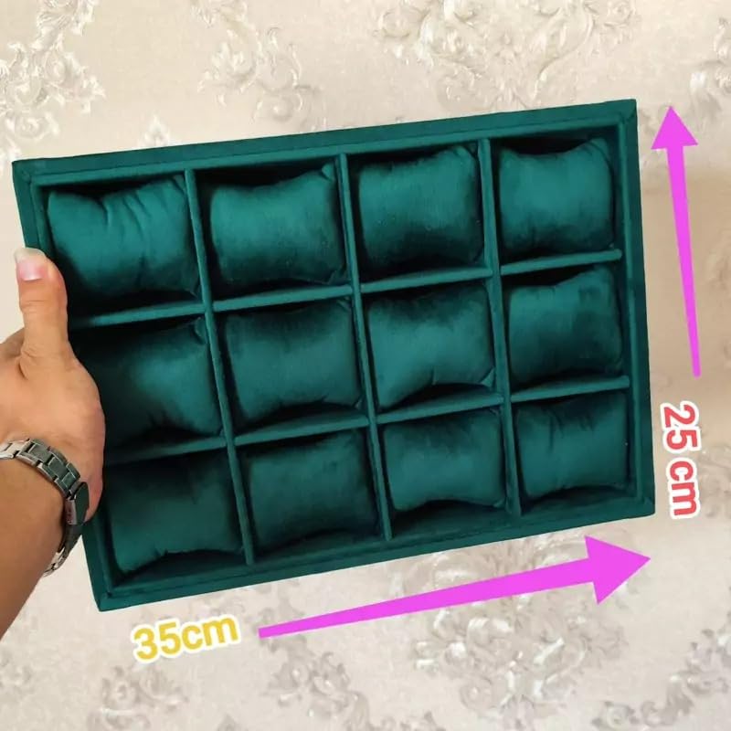 Image of Velvet Jewellry Drawer Organizer Stackable Tray (12 Pillow Watch, Green)