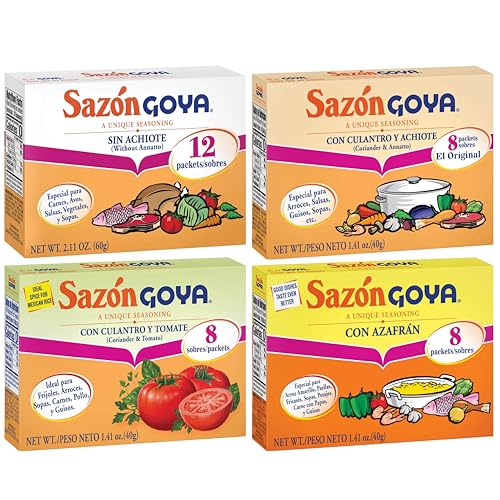 Sazon Goya Unique Seasoning Variety 4-Pack Bundle, Culantro Y Achiote (with Coriander & Annatto),Con Azafran, Coriander and Annatto, Sazon Without Annatto and Cilantro Y Tomate(Cilantro & Tomato)