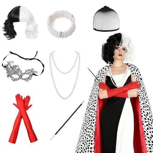 Lot de 8 accessoires de costume de diable avec cape longue, perruque, gants longs, collier de perles, bracelet de perles, accessoires de poche, masque, filet...