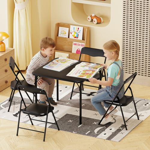 Image of JOYMOR Kids Folding Table and Chairs Set, 5-Piece Metal Frame Activity Set with Easy-Fold Design for Playroom & Classroom (Black)