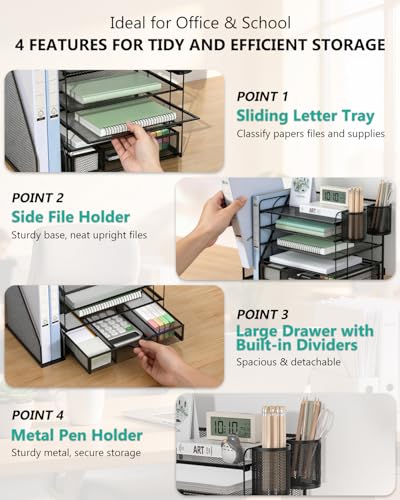 Image of WALI Desk File Organizer, 5 Tier Desktop Paper Letter Tray Organizer with Drawer and 2 Pen Holders, Office Desk Accessories & Workspace Organizers for Office, Home Supplies(DO006DH-B), 1 Pack, Black