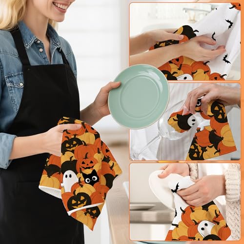 Image of Hexagram Halloween Kitchen Towels, Ghost Cat Halloween Hand Towels | Black Dish Towel, Ghost Bathroom Decor, Pumpkin Decor, Sets of 2, 18 inchx28 inch, Cat Lover Gifts