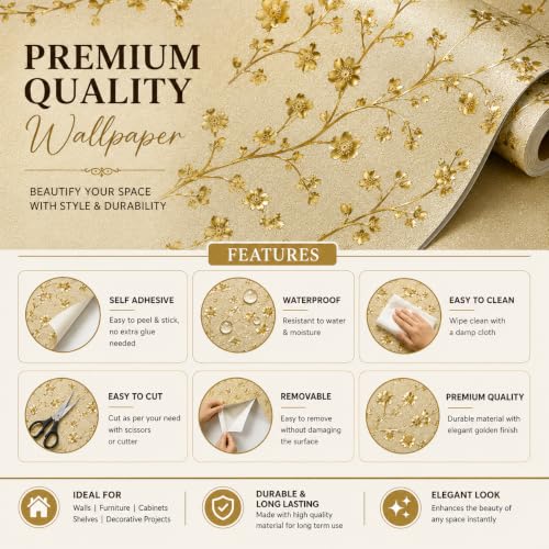 RADIANCE REVIVE Golden Flowers Self Adhesive Wallpaper Roll - Image 6