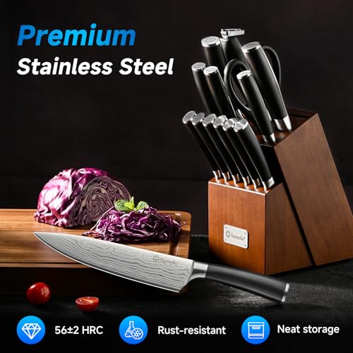 Image of Sunnecko Knife Set with Block and Sharpener, 15 Pcs Kitchen Knife Block Set