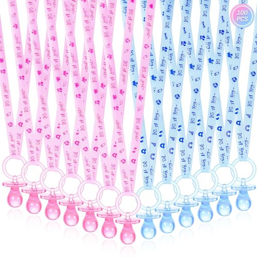 Image of 100 Pieces Baby Shower Pacifiers Necklace, Cute Acrylic Pacifier Necklaces for Chupones para Baby Shower Games Charm, Party Favors, Decorations DIY, Gender Reveal Table Scatter(Pink&Blue)