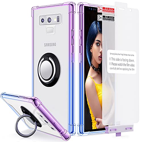 DAUPIN Ring Holder Series Designed for Samsung Galaxy Note 9 Case with 1 Pack Screen Protector, Clear Protective Cover Work with Magnetic Car Phone Mount (Purple Blue)