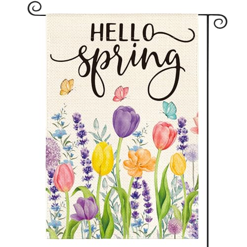 AVOIN colorlife Hello Spring Tulip Lavender Floral Garden Flag 12x18 Inch