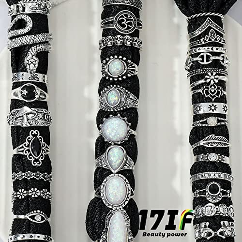 42 Pcs Vintage Silver Knuckle Rings Set For Women, Chunky 17If Colorful Stone Rings Aesthetic Snake Grunge Stackable Gothic Ring Adjustable Y2K Punk Bulky Boho Finger Alt Of Rings, Stacking Skull Moon Star Flower Link Midi Ring Pack #TOP5