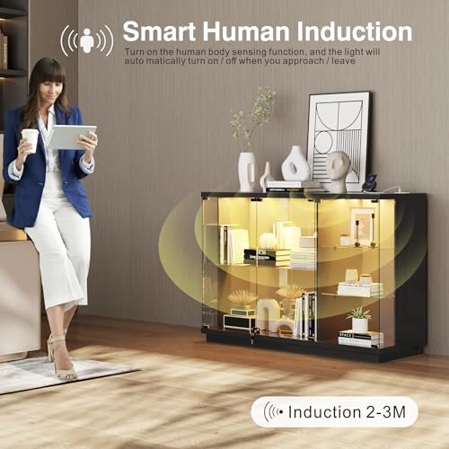 image for Lvifur Glass Display Cabinet with Lock & LED Light, High Gloss Sideboa