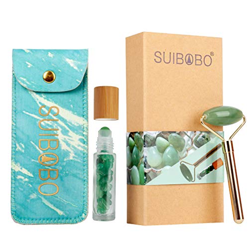SUIBOBO skincare 100% quartz jade roller and Essential Oil bottle eye roller-real jade crystal gem stone marble cuarzo ice cold anti aging anti puff facial face roller eye roller massager