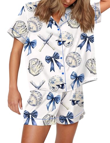 Image of SHESHOW Pajamas for Women Set Satin Button Down Short Sleeve Top and Shorts Pjs Sets Sport Ball Print Sleepwear XS-XXL