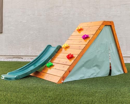 Avenlur Palm Outdoor and Indoor Playground 5 in 1 Backyard Playset with Ladder, Rock Wall, 4 ft. Slide, Tent Fort, Montessori Style Play Set Climber Playhouse Toddlers, Children, Kids 2-6yr (Green)