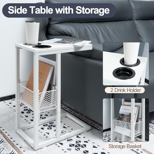 Image of HALLYBEE C Shaped End Table with Cup Holder, Small Slide Under Couch Side Table with Storage Basket Metal Frame for Living Room Bedroom Bedside Sofa White