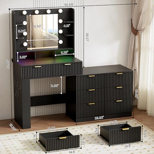 Image of Vanity Desk with Mirror and Lights, Fluted Makeup Vanity with 8 Drawers, Storage Shelves, RGB Light and Power Outlet, Bedroom Dessing Table for Women, Girls, Black,56.7 inch