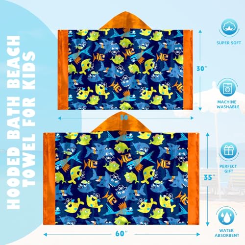 Image of Shark Boys Beach Towel with Hoodie for Kids Toddlers Age 4-8,Shark Blue Bath Towels Shower Wrap for Boys, Hooded Poncho Beach Blanket for Pool Swimming Cute Wearable Bath Towel for Child