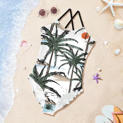 Girls One Piece Swimsuits Beach and Palm Trees Pattern Sport Halter Swimwear Beach Bathing Suit, 3T4