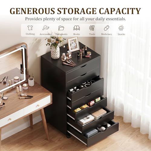 Image of 7 Drawer Mobile File Cabinet Under Desk Storage Organization with Wheels Vertical Filing Chest Rolling Wood Small Desk Printer Stand for Home, Black