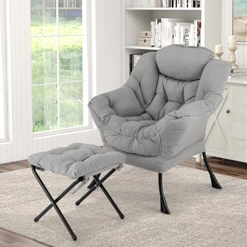 COSTWAY Fauteuil Salon Scandinave avec Repose-Pieds, Fauteuil Relax en Sherpa avec Oreiller et Poche Latérale, Fauteuil Chambre pour Lecture, Cadre en Métal...