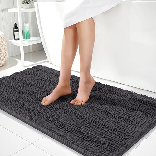 Image of OLANLY Thick Bathroom Runner Rugs 44x24, Extra Absorbent Chenille Striped Bath Rugs, Rubber Backing, Machine Wash Dry, Long Bath Mats for Bathroom, Tub and Shower, Home Decor Accessories, Dark Grey