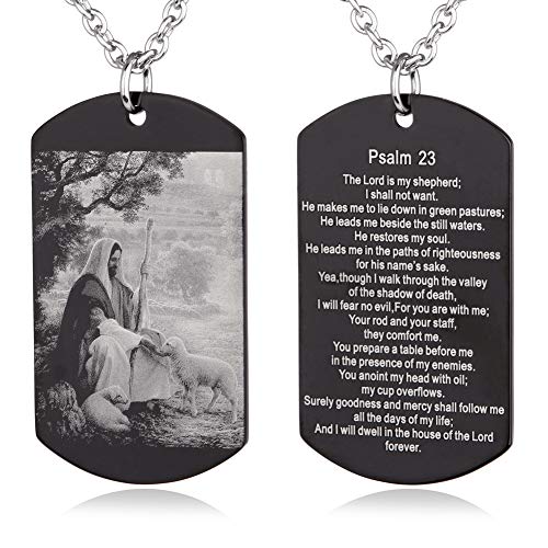 FAYERXL 23rd Psalm Black Dog Tag Necklace,Catholic Christian Holy Bible