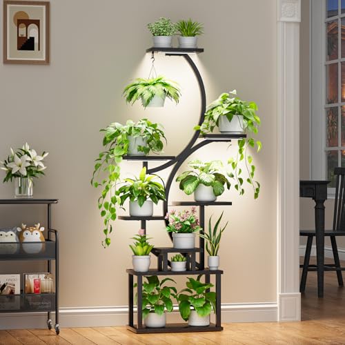 Image of Plant Stand with Grow Lights for Indoor Plants, 8-Tiered Tall Corner Plant Shelf with Full Spectrum Light, S-Shaped Space-Saving Narrow Flower Holder, Anti-Tip for Living Room Bedroom Office, Black