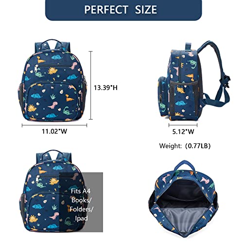 Telena Kids Backpack For Boys Girls, Cute Water Resistant Toddler Preschool Backpack With Adjustable Padded Straps, Dark Blue Dinosaur #TOP2