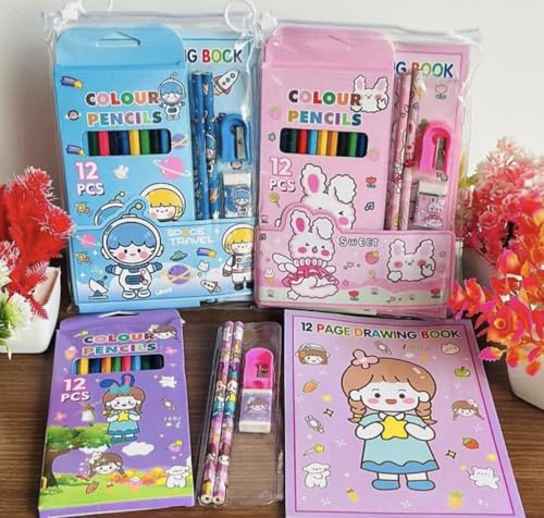 Image of Pack of 6 Colorful gift Set - Cartoon-Themed Stationery with colour Pencils, Sharpener, Eraser, and coloring book. Birthday returns gifts for kids party in bulk (Design 6)