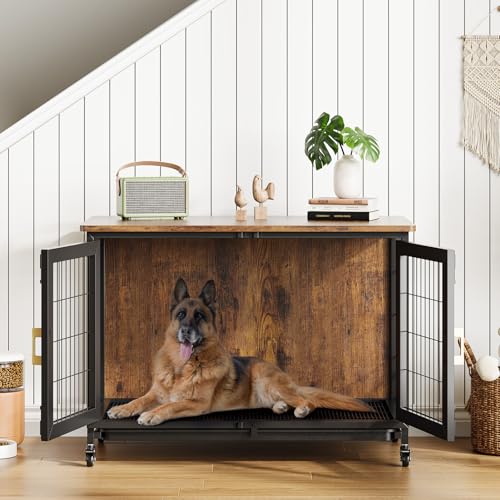 37.5 Inch Dog Kennel Furniture, Heavy Duty Dog Crate Furniture with Wheels, Grid Base, Removable Tray, Latches, Indoor Farmhouse Dog Cage for Medium and Small Dogs, Brown