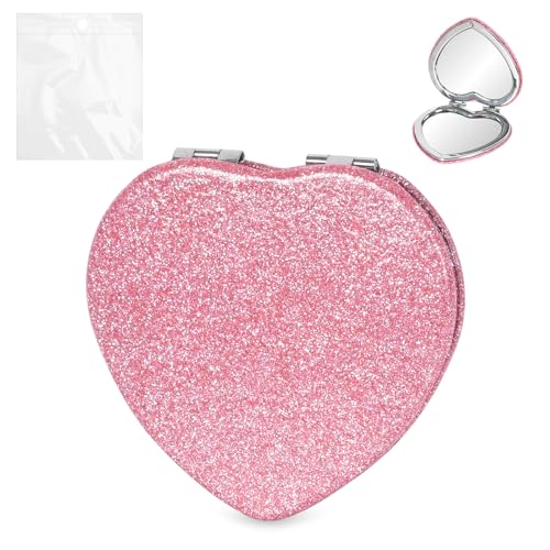 2X Miroir de Poche Portable, Miroir Pliant en Forme de Coeur Rose, Poche Rond Miroir Scintillant, Miroir Maquillage Poche avec Agrandissement, Miroir Sacs à...