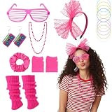 ZhouBoat 17pcs 80s Fancy Dress Costume Accessories for Women with Fishnet Gloves Leg Warmers Headband Glasses Jewelry Set for 80s Theme Party (Hot pink)