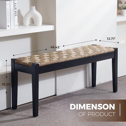 Image of Vintage Entryway Bench, 47 inch Acacia Wood Bench with Woven Seagrass Seat, Entryway Bench, Wicker Bench Indoor for Hallway, End of Bed, Rustic Farmhouse Boho Style, Indoor Decorative Bench (Black)