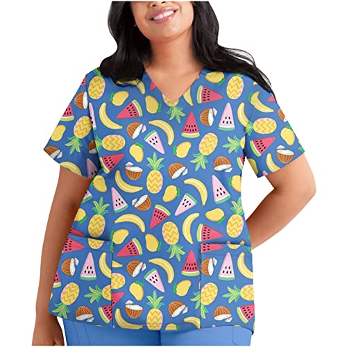 Women Plus Size Scrub Tops Summer Graphic Tees Short Sleeve Funny T Shirt Blouse with Pockets V Neck Work Uniform Shirts