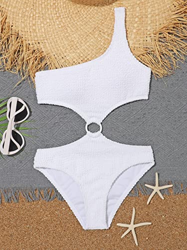 Milumia Girl's One Shoulder One Piece Swimsuit Cut Out Ring Linked Textured Bathing Suit White 11-12 Years #TOP2