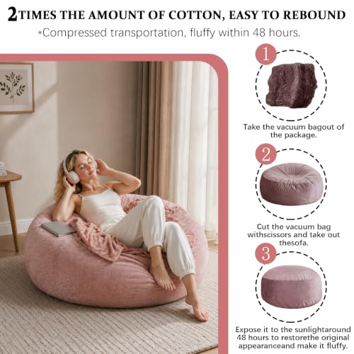 Image of 4FT,Bean Bag Chairs for Adults,Bean Bag with Filler Included,Memory Foam Chair,Soft Flannel Washable Cover, Ideal Reading Chair for Bedroom and Dormitory. (Pink, 4 Foot)