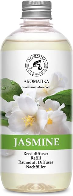 Jasmine Diffuser Refill w/Natural Essential Jasmine Oil 500ml - Best for Aromatherapy - 0% Alcohol - Intensive - Fresh & Long Lasting Fragrance - Scented Reed Diffuser - Great Room Air Fresheners