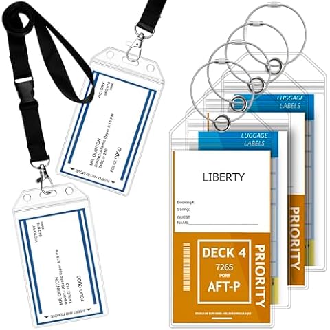 GreatShield Cruise Luggage Tag Holder (4 Pack) + ID Holder with Lanyard (2 Pack) Weather Resistant PVC Zip Pouch & Steel Loop for Princess, Carnival, Holland American, and Norwegian Cruise Line Cover