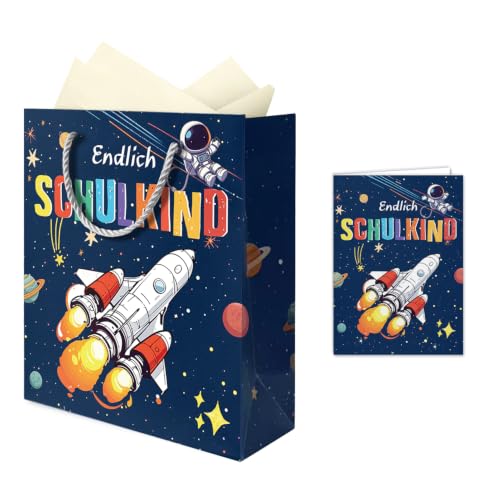 Geschenktüte Einschulung 3 Stück mit Raketen-Design Seidenpapier & Gratulationskarte Geschenkverpackung zum Schulanfang in edlem Blau