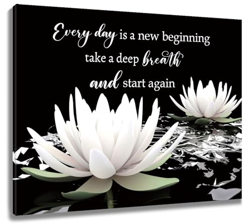 SCECALA Black and White Floral Wall Art Inspirational Quotes with Water Lily Wall Art for Living Room Zen Spa Canvas Wall Art Decor for Bedroom Bathroom Home Office Ready to Hang 12L x 16W Inch