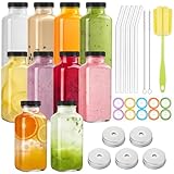 TUZAZO 10 Pack 8 Oz Glass Juice Bottles with Lids, Reusable Travel Drinking Jars Containers for Juicing, Smoothies, Kombucha, Milk, Coffee with Brush, Straws, and Lids with Hole