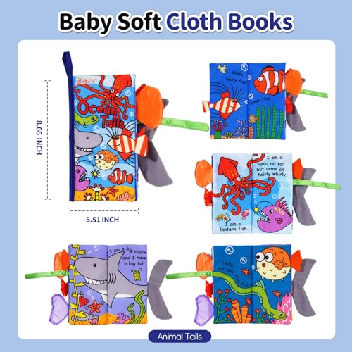 Image of Jollybaby Baby Cloth Books, Touch & Feel Crinkle Soft Books, for Infants Babies, Toddler Early Educational Interactive Stroller Toys, Baby Girl & Boy Gift(Ocean Tails)