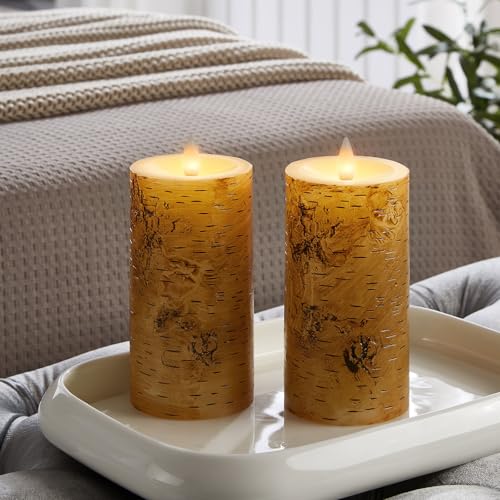 Image of Birch Bark Wax Flameless Candles with Remote Timer, Last 400-Hour with 2AA Batteries, 3D Moving Flame Led Candles, Set of 2(3''x6''), Remote Included(Birch bark).