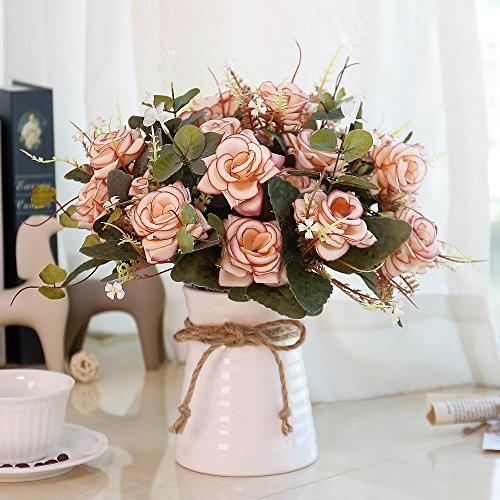 YILIYAJIA Artificial Rose Bouquets with Ceramics Vase Fake Silk Rose Flowers Decoration
