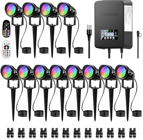 SUNVIE 12 Pack RGBW Color Changing Landscape Lights with 300W Low Voltage Landscape Transformer...