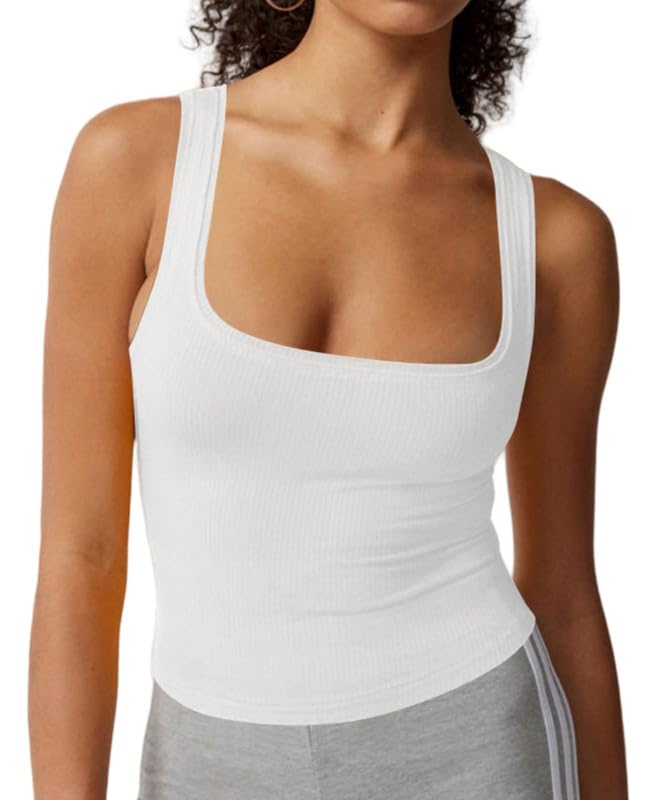 Haibang Camiseta sin Mangas Mujer Sexy Crop Top Cuello Cuadrado Verano Deportivas Tank Tops Moda Elástica Suave Camisetas Tirantes Casual Corto Chaleco Básicas Camistas para Gimnasio Entrenamiento