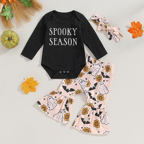Newborn Baby Girl Halloween Clothes Long Sleeve Romper Tops Pumpkin Bell-Bottom Pants Headband Infant Fall Outfits2
