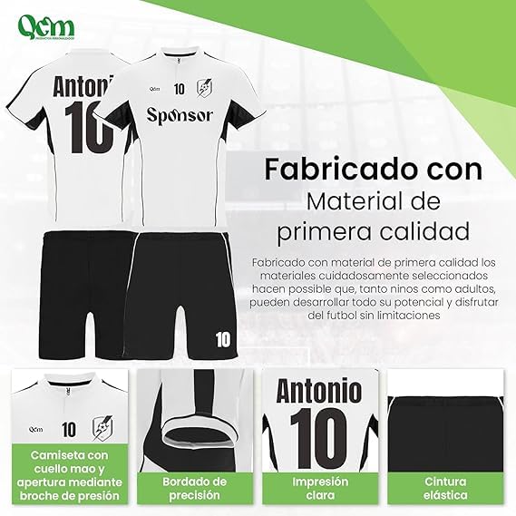 Equipación de Fútbol Personalizada — Camiseta y Pantalón — Personaliza Escudo Nombre y Número — Unisex — Niño y Adulto