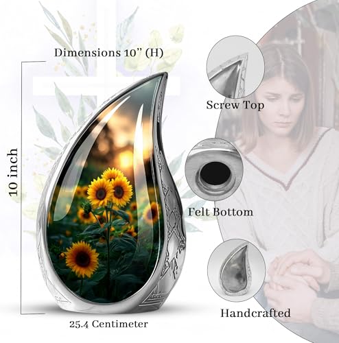 Image of Teardrop Sunflower Urns for Human Ashes Adult Female - Large Urns for Human Ashes Adult - Yellow Sunflower Urn for Mom and Dad - Memorial Decorative Urn for Handmade 10inch