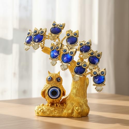 Image of eCraftIndia Tree of Life with Owl Evil Eye Tree Showpiece (Blue) Feng Shui Items for Good Luck Positive Energy Vastu Shelf Living Room Home Decor Gift for Housewarming