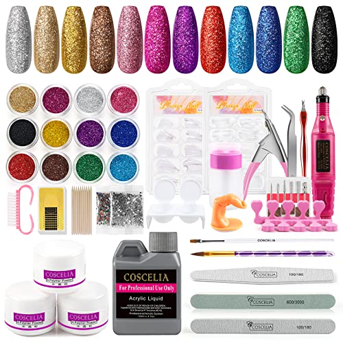 Acrylic Nail Kit with Everything Acrylic Powder Set Professional Monomer Liquid USB Electric Nail Drill 12 Colors Decoration Glitter Acrylic Brush Manicure Tools Kit for Starter at Home Use
